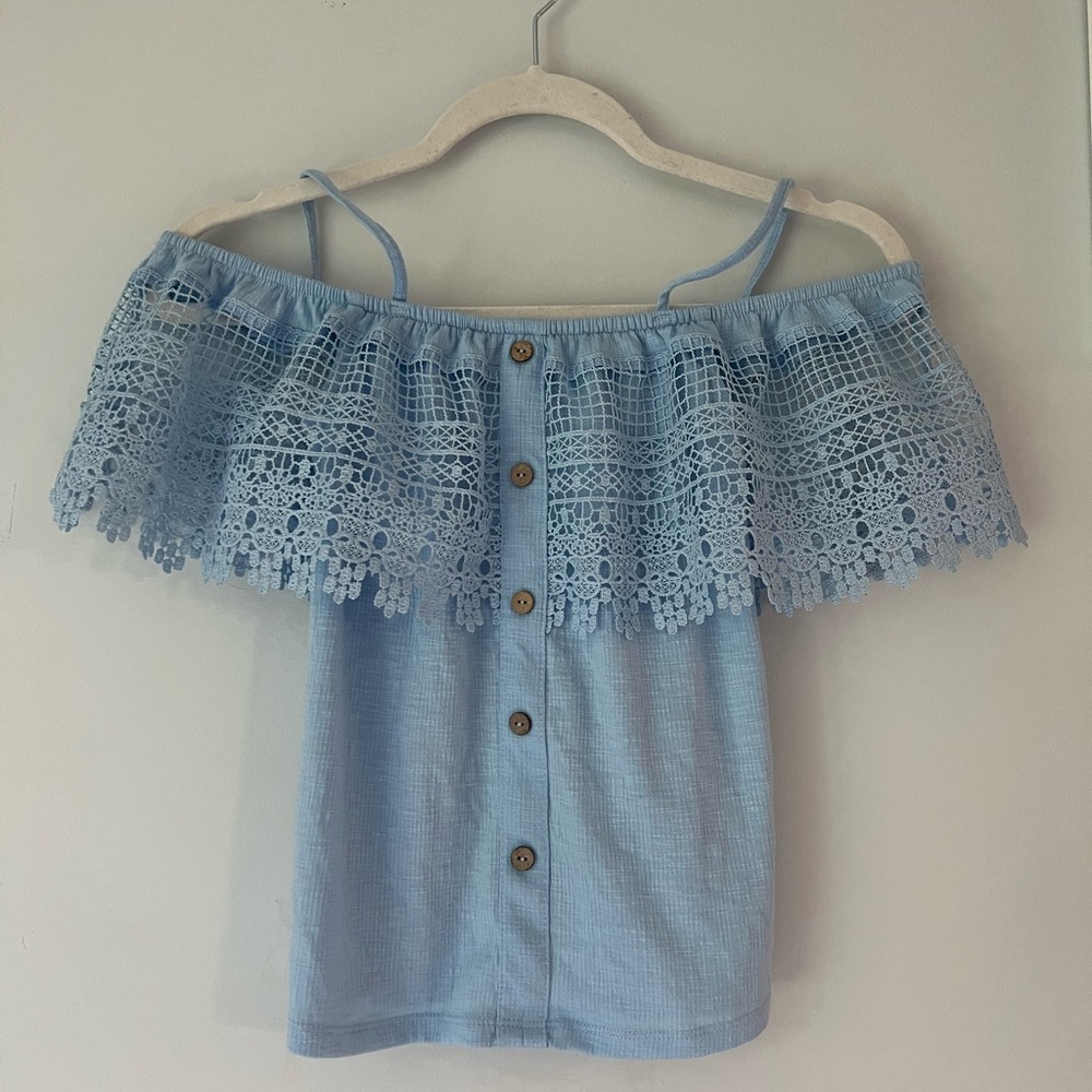 No Boundaries Light Blue Off-Shoulder Lace Blouse